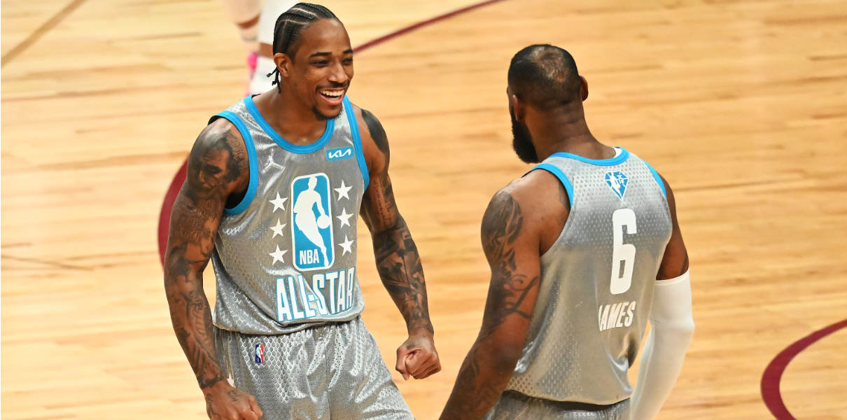 DeMar DeRozan of the Chicago Bulls and LeBron James compete in NBA All-Star Game.