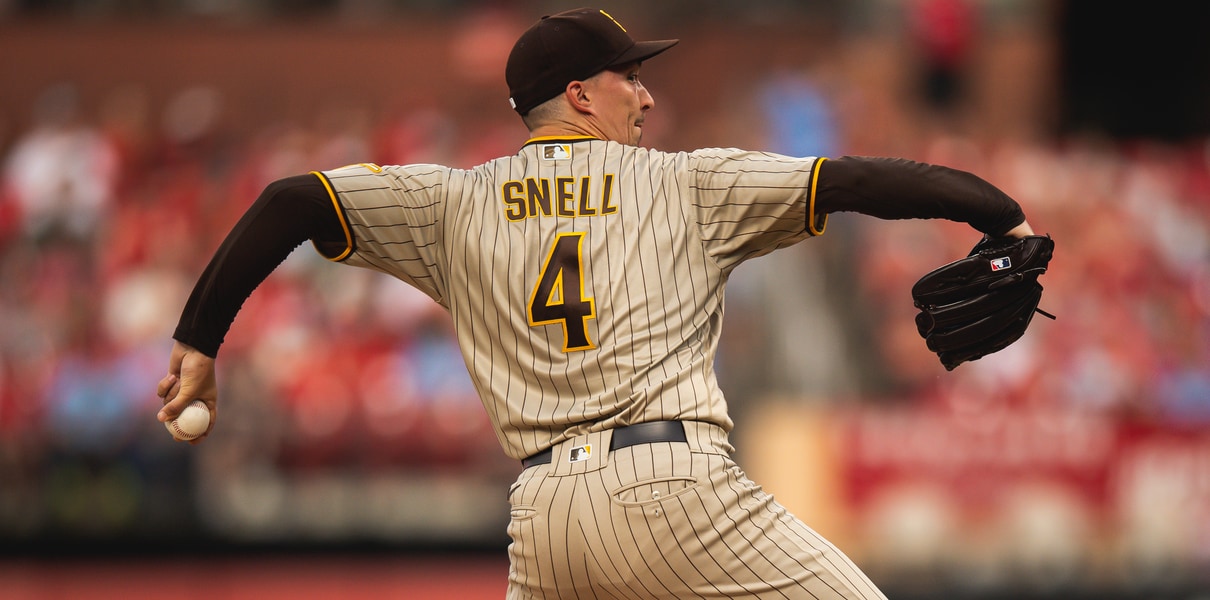 6/22/2023 SD at SF Blake Snell Game-Used Road Alternate Tan Jersey 4th Win  of 2023; MLB Authenticated