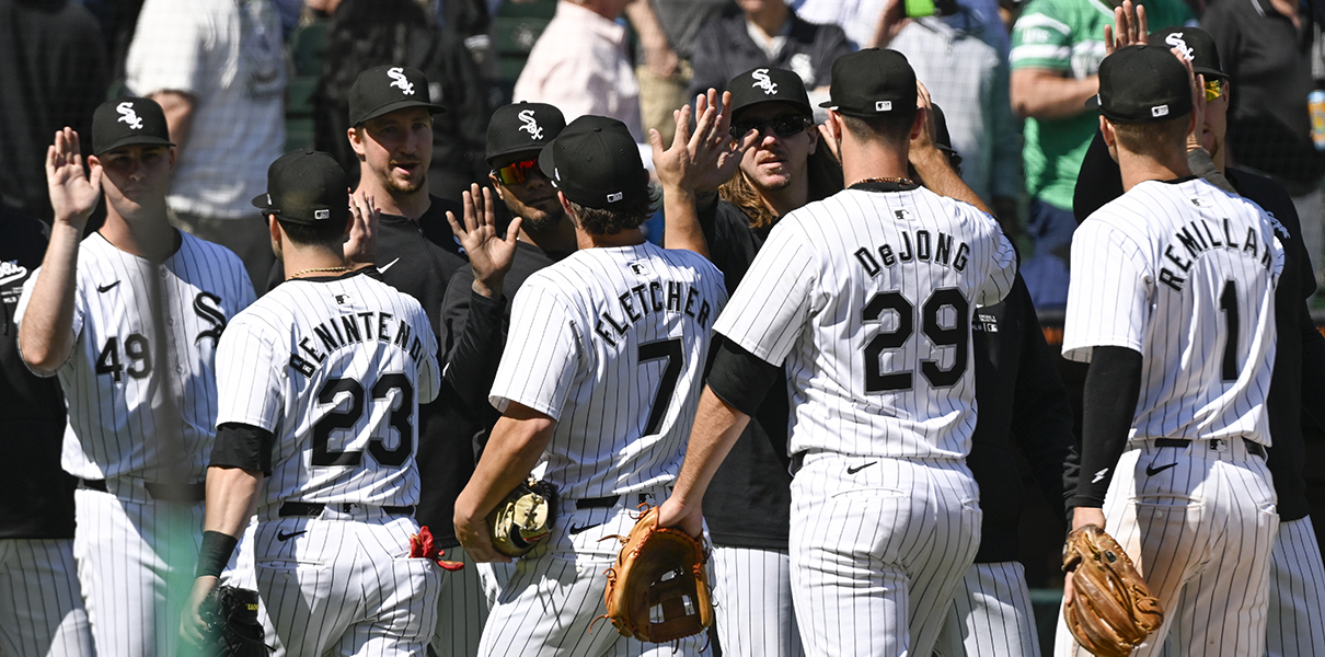 May 15, 2024; Chicago, Illinois, USA;  Chicago White Sox players celebrate after their win against the Washington Nationals at Guaranteed Rate Field. Mandatory Credit: Matt Marton-USA TODAY Sports