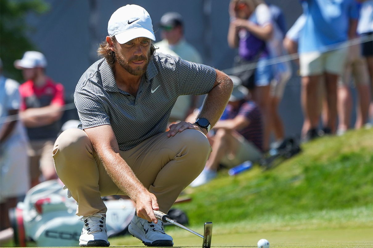 British golfer Tommy Fleetwood lines up his putt at the 12th tee Sunday at the PGA Championship at Valhalla Golf Club May 19, 2024; Matt Stone/Courier Journal / USA TODAY NETWORK
