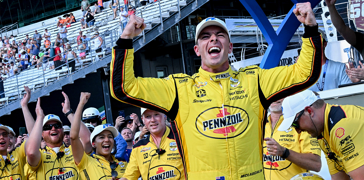 Team Penske driver Scott McLaughlin (3) reacts after winning the pole position Sunday, May 19, 2024, during Fast 6 qualifying for the 108th running of the Indianapolis 500 at Indianapolis Motor Speedway. Mandatory Credit: Kristin Enzor/For IndyStar / USA TODAY NETWORK
