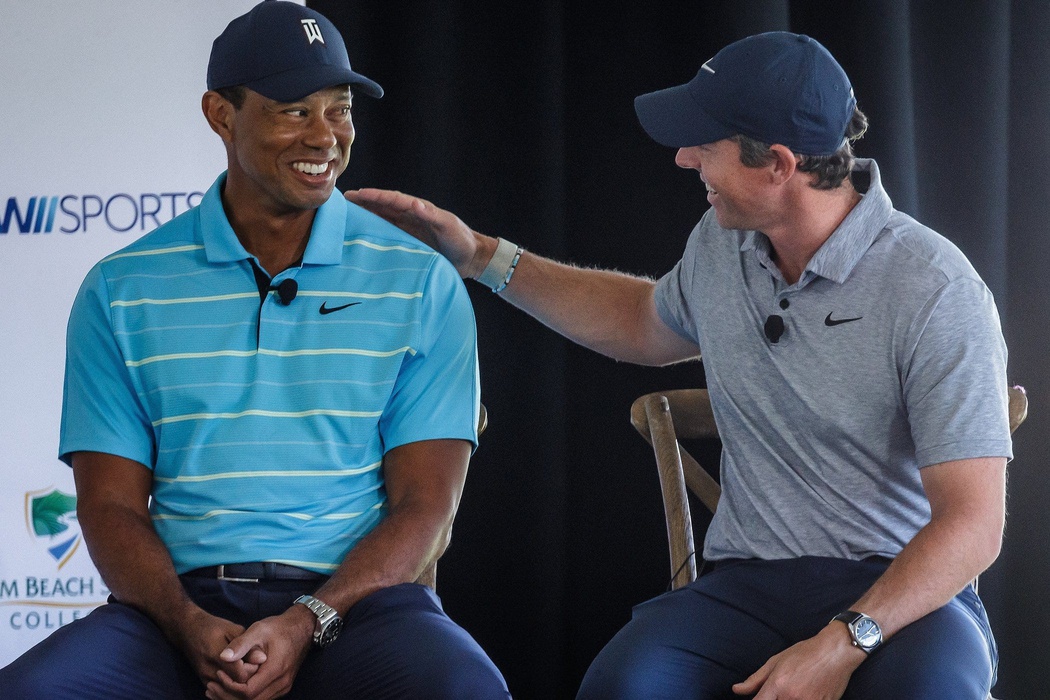 Tiger Woods and Rory McIlroy attend a TGL groundbreaking ceremony at Palm Beach State College in February 2023.