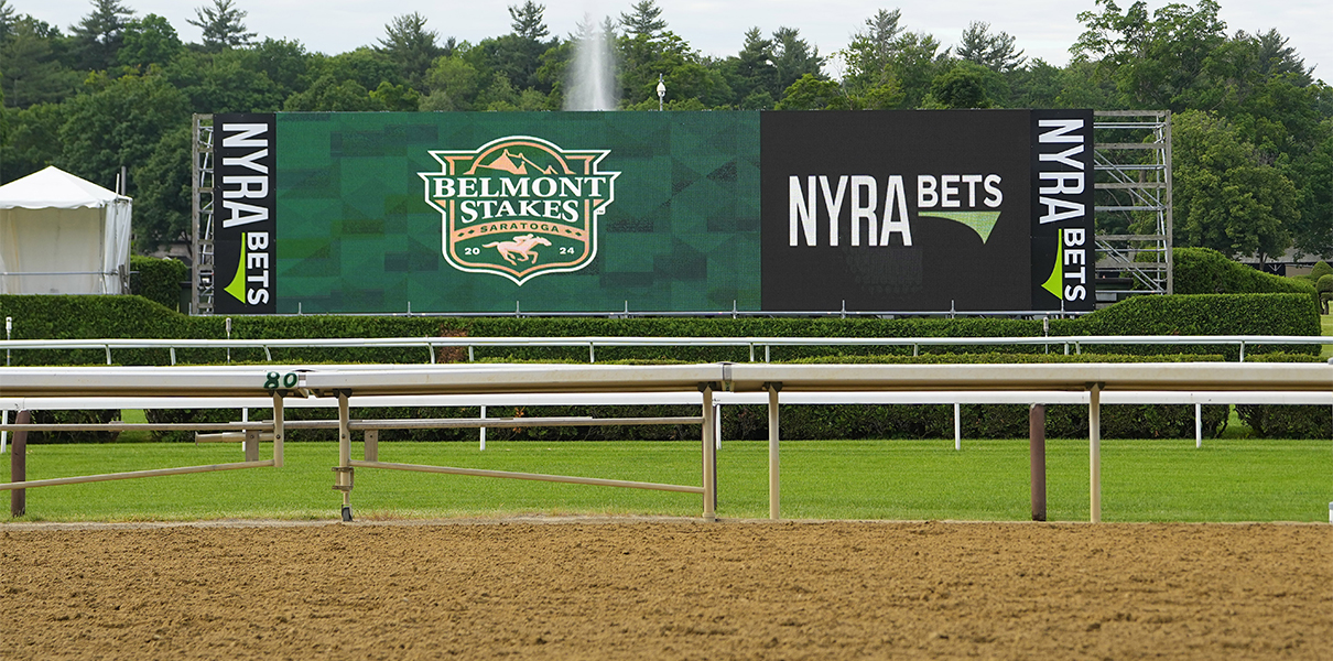 156th Belmont Stakes Odds After Post Positions Draw; June 3, 2024; Saratoga Springs, NY, USA; A general view of the Belmont Stakes at Saratoga and NYRA Bets sign Monday morning at Saratoga Race Course. Mandatory Credit: Gregory Fisher-USA TODAY Sports