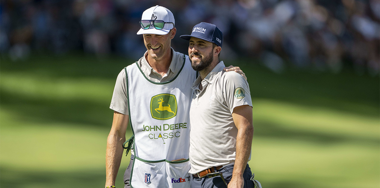 Jul 9, 2023; Silvis, Illinois, USA; Mark Hubbard shares a moment with his caddie after finishing the the final round of the John Deere Classic golf tournament. Mandatory Credit: Marc Lebryk-USA TODAY Sports